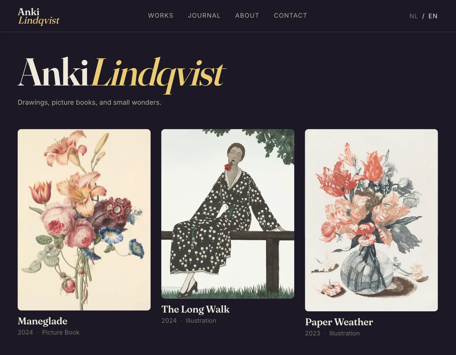 An artist's Folio homepage, showing the works index with featured pieces.