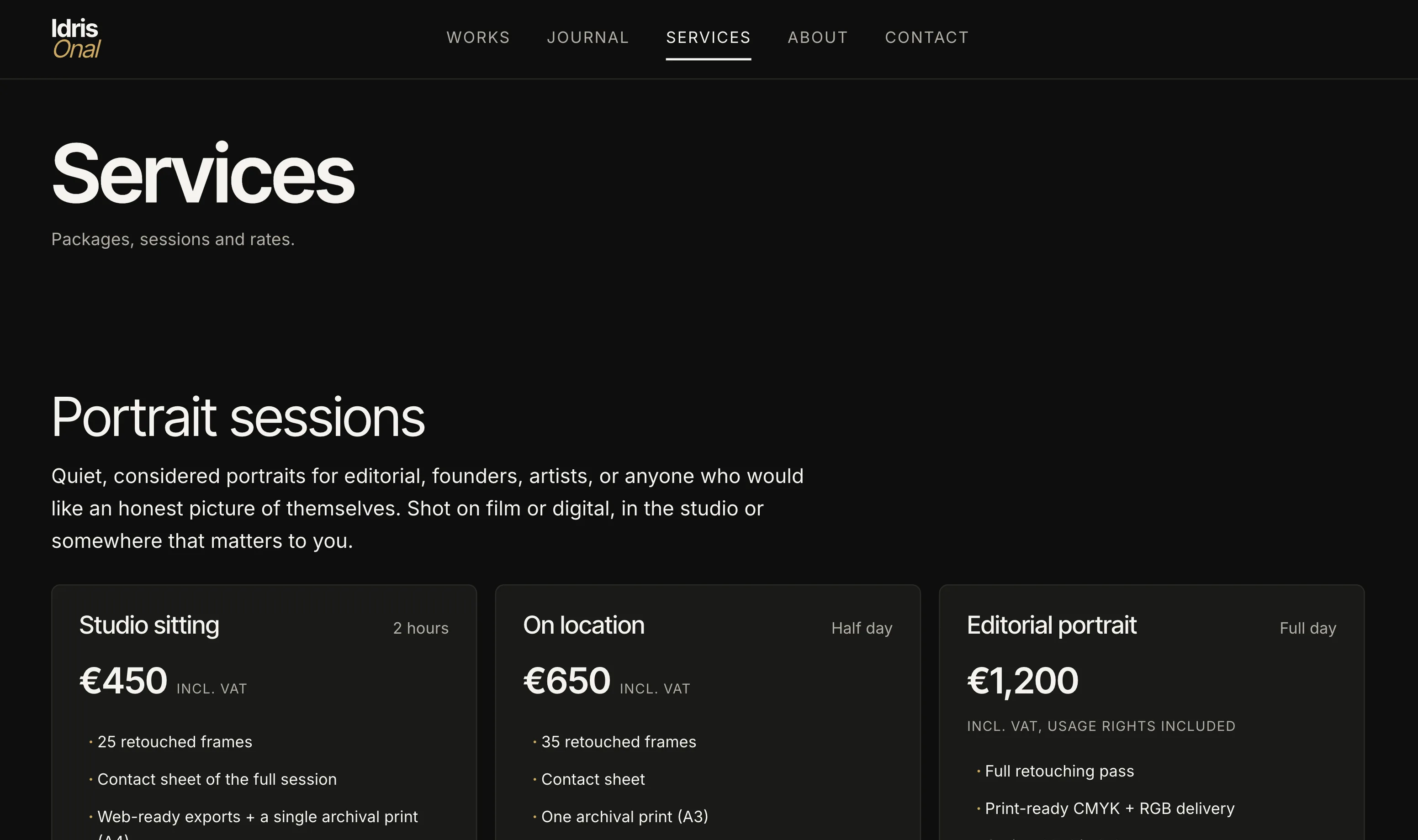 An artist's Folio offerings page with sessions and packages set out clearly.