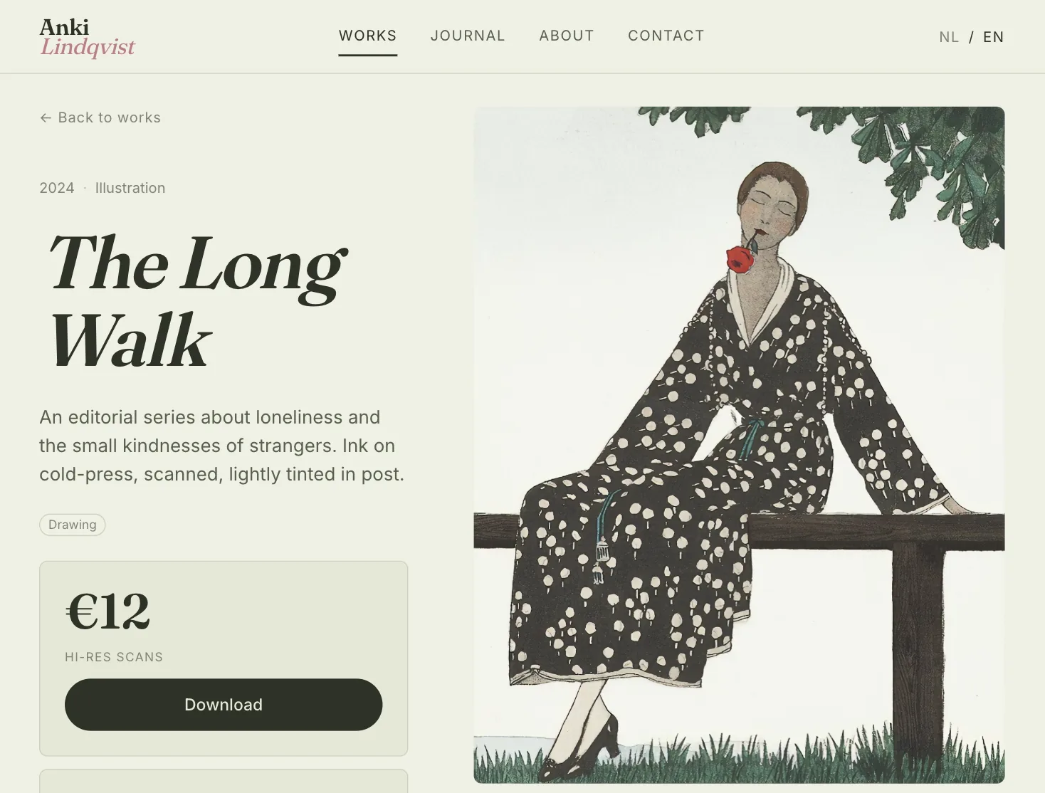 An artist's Folio work page with a shop sidebar for print and digital download.